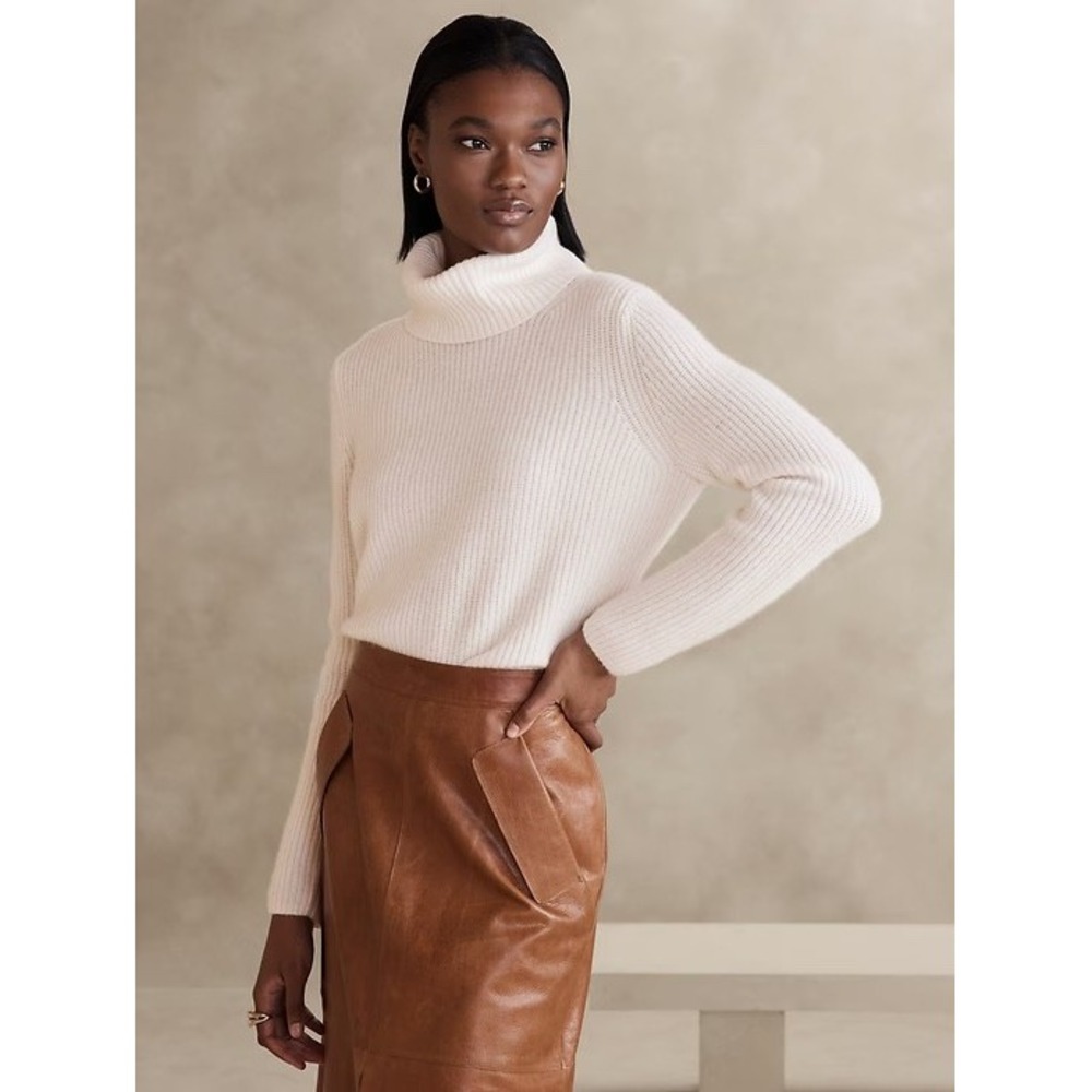 NWT Banana‎ Republic Chiara Cashmere Turtleneck Sweater XL Cream White Rib Knit